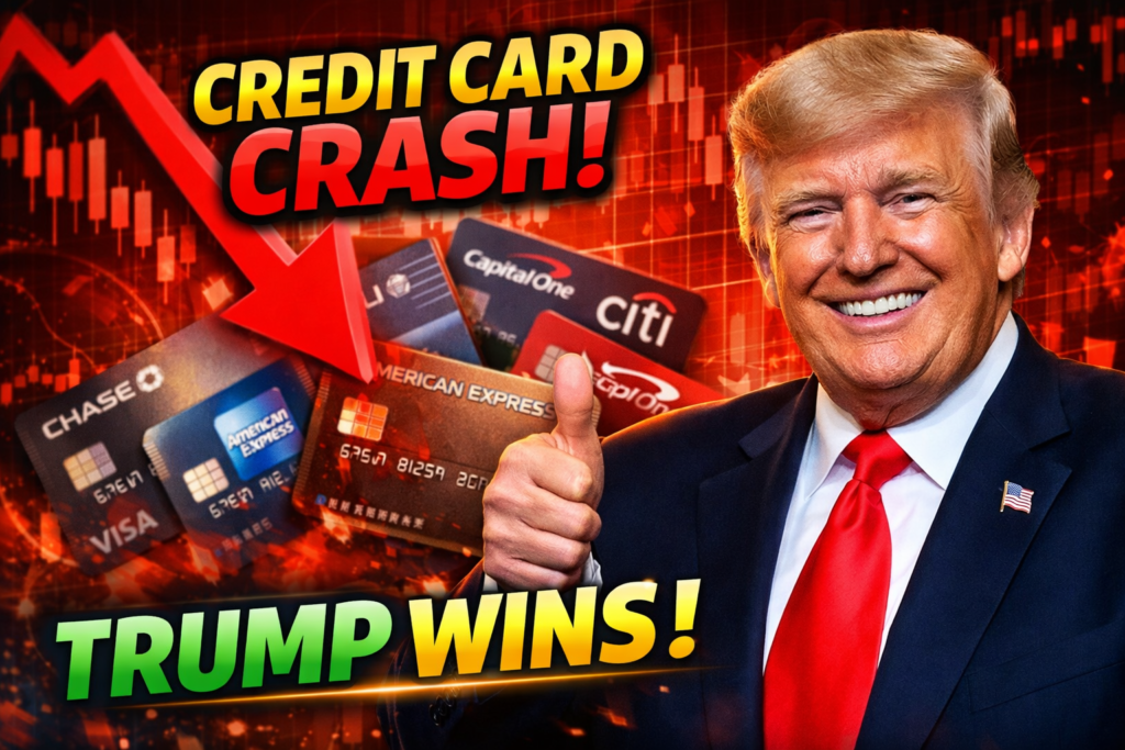 “Donald Trump smiling and giving a thumbs up as credit card company stocks fall, with Chase, Citi, Capital One and American Express cards shown against a red stock market crash background.”
